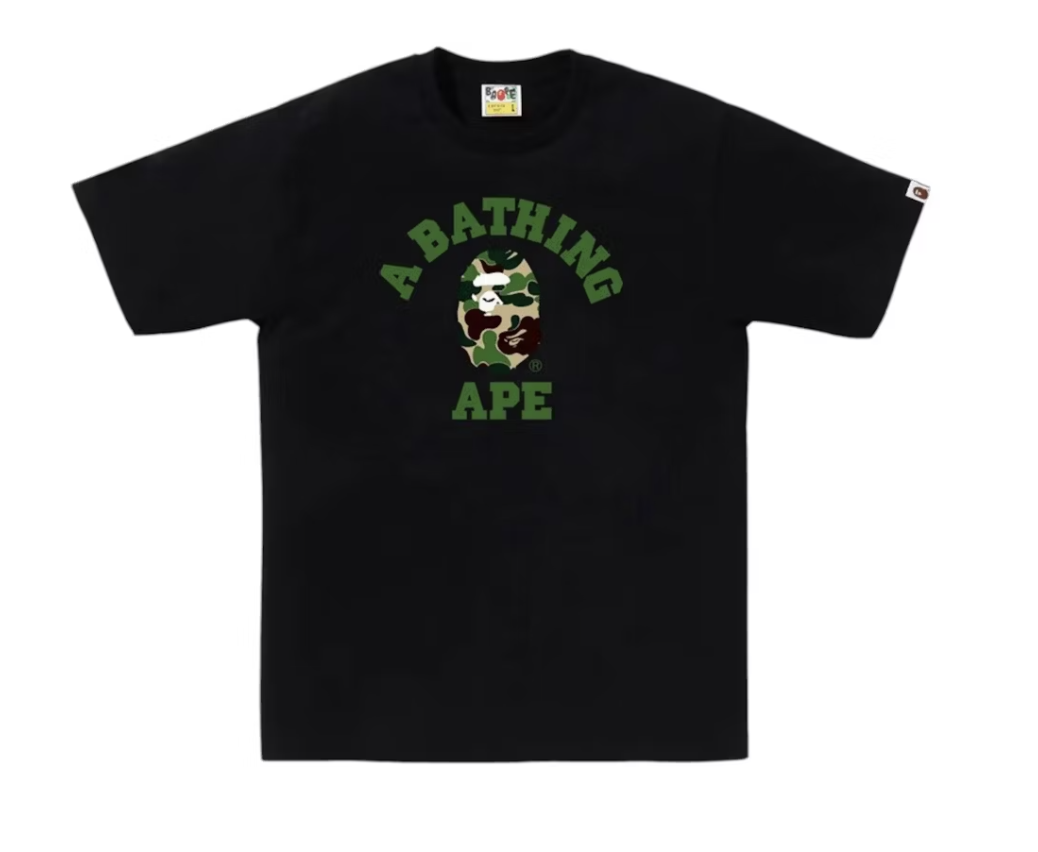 A brand new BAPE ABC Camo College Tee in black and green colorway from SS25 collection, featuring the iconic camouflage pattern and classic college-style design