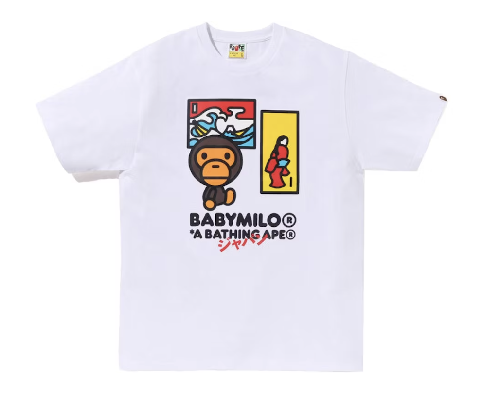 White BAPE Japan Art Baby Milo T-shirt from SS25 collection, brand new deadstock
