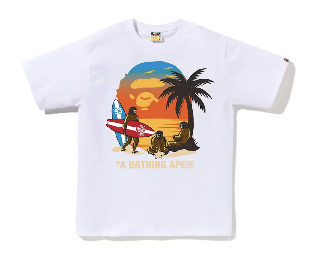 White BAPE Sunset Beach Ape Head Tee from SS24 collection, brand new deadstock
