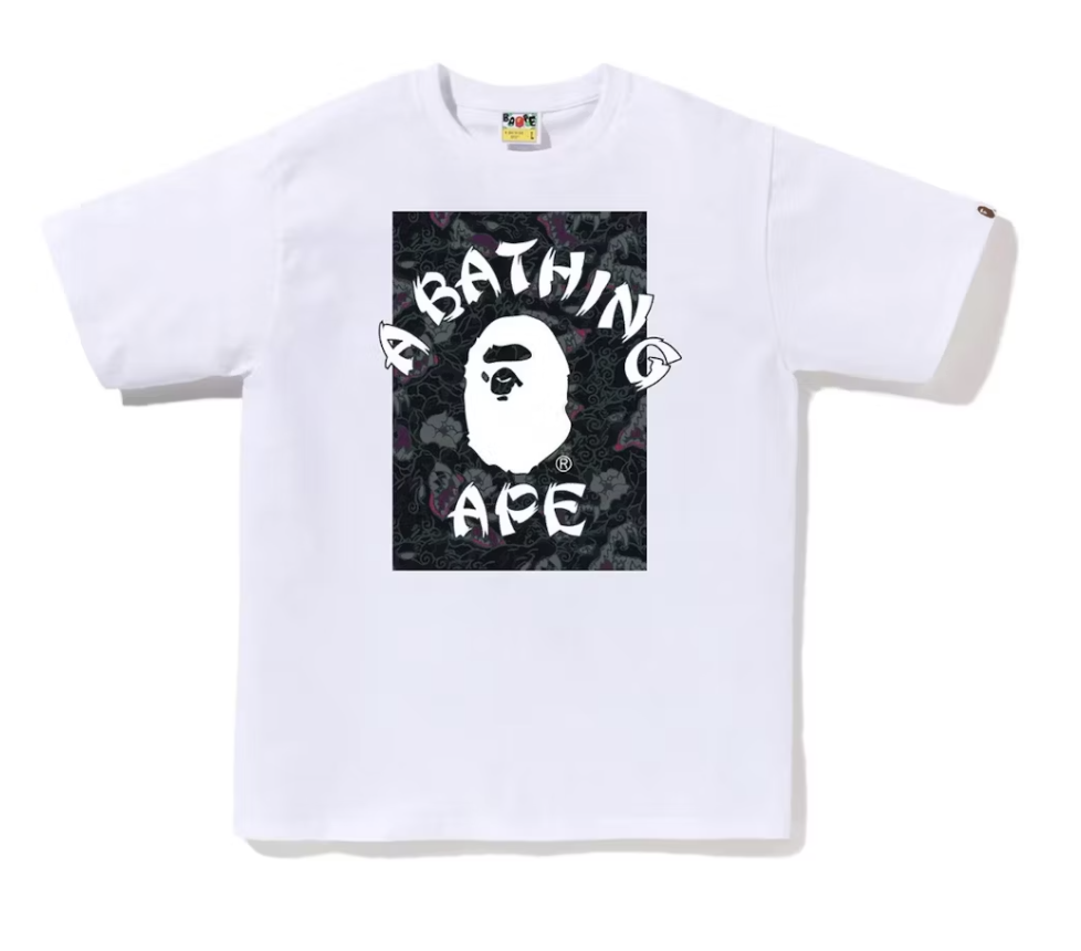 A white and black college tee featuring BAPE Japanese tattoo camo design, SS24 deadstock