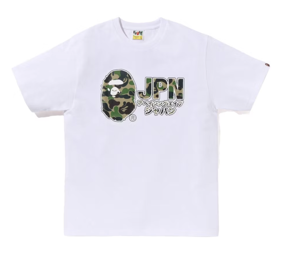 Detailed view of the BAPE ABC Camo JPN Katakana Tee in white, showcasing its original design and tag from SS23 season