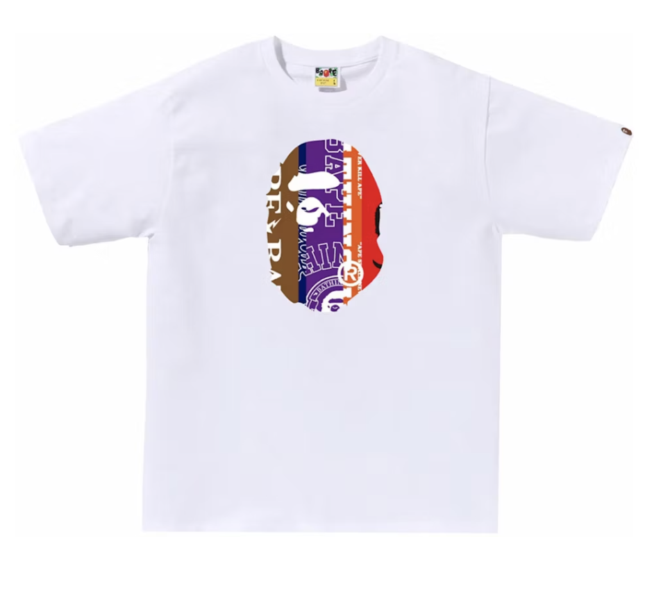 White BAPE Fans Scarf Ape Head Tee featuring vibrant graphic design and brand new condition