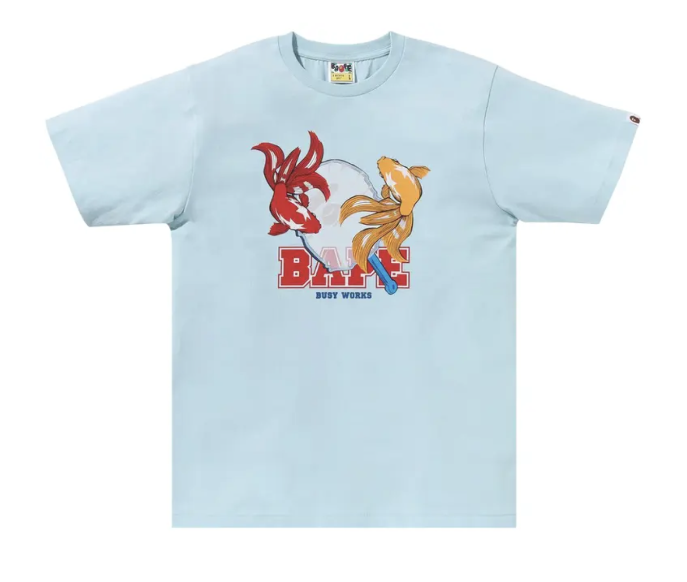 A brand new BAPE Goldfish Scooping Tee in sax color with product code 1K72 110 015, featuring a vibrant design and deadstock condition