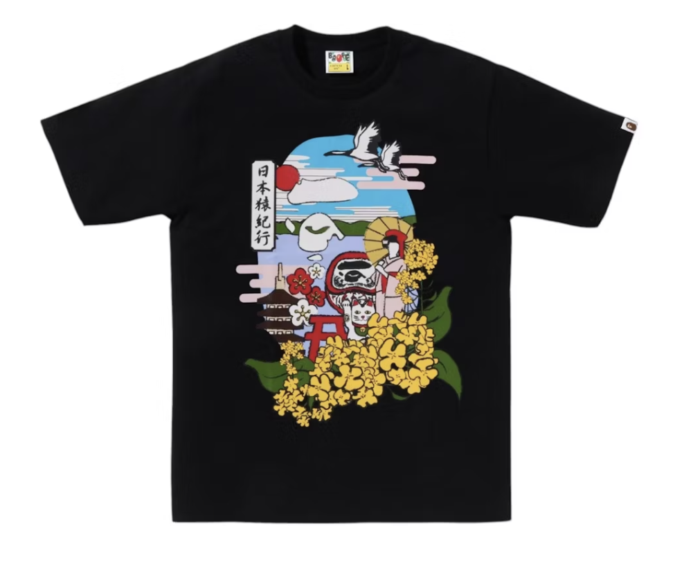Black BAPE Japan Culture Spring Ape Head Tee featuring iconic ape head logo and SS25 branding