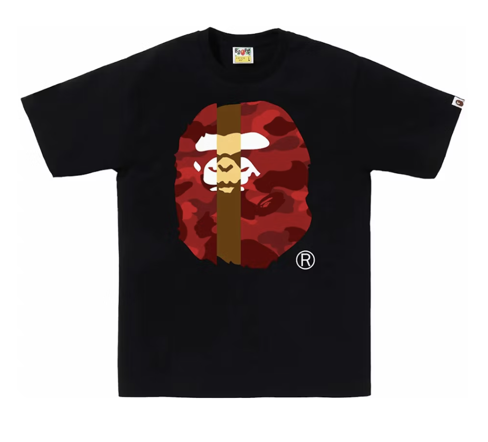 Black and red BAPE Color Camo Transform Big Ape Head T-Shirt featuring vibrant camouflage design, SS24 deadstock, brand new with product code 1K80-110-020