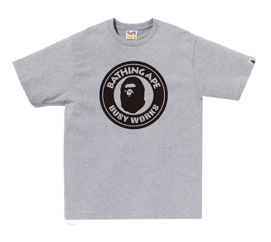 Authentic BAPE Bicolor Busy Works Tee from SS23 collection in grey and black, deadstock condition with clear display of product details