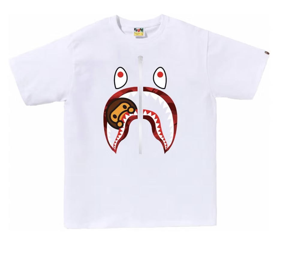 A white and red BAPE Color Camo Milo Shark T-shirt featuring vibrant camo print and brand new deadstock condition