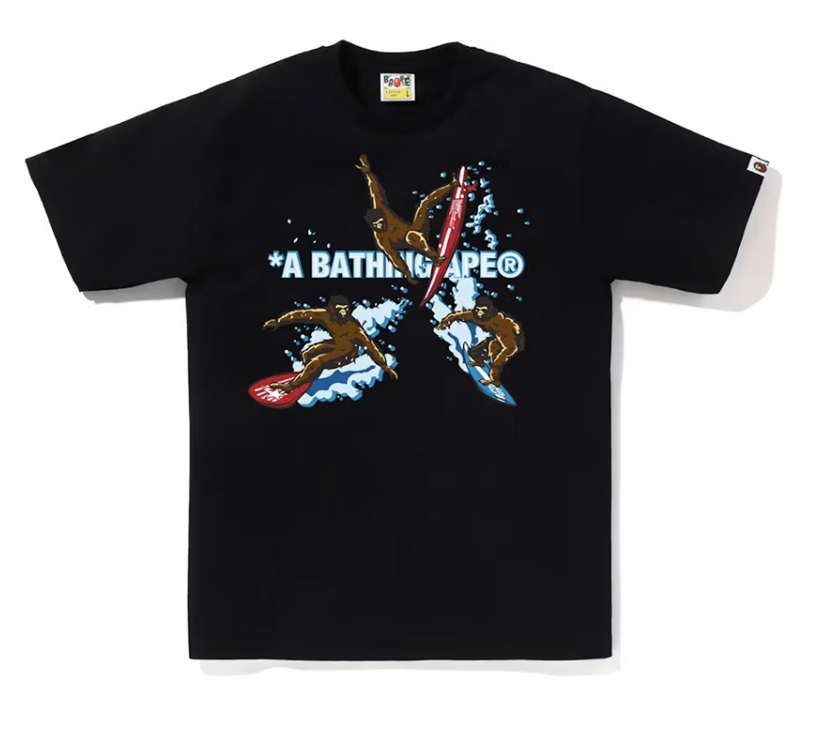 Black BAPE Surfing Apes Tee from SS24 collection, brand new with deadstock condition