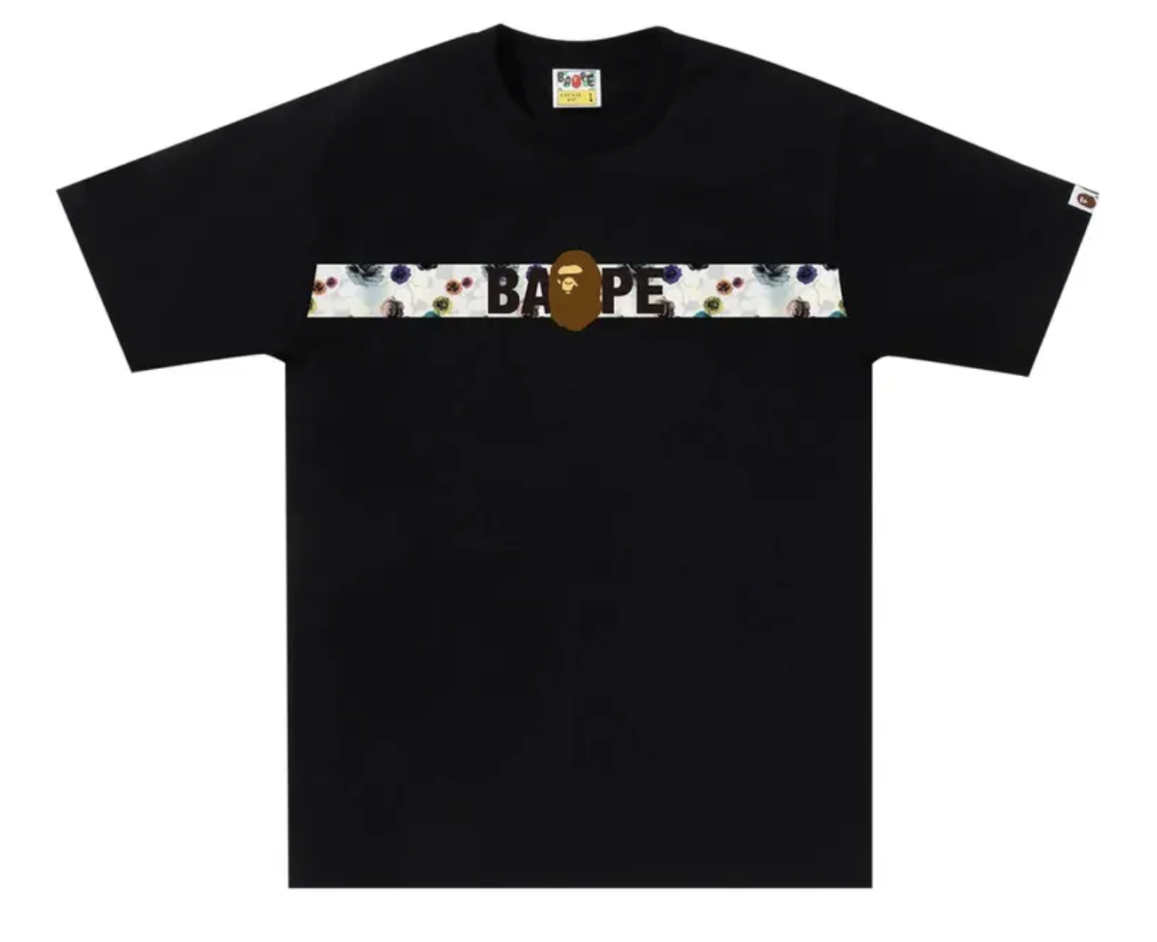 Black BAPE Floral Camo Tape Tee featuring vibrant floral camouflage design and brand new deadstock condition