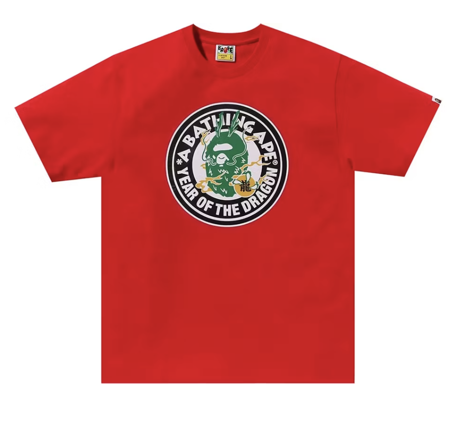 Brand new BAPE Year Of The Dragon Tee in striking red color, showcasing detailed dragon illustration for SS24 collection
