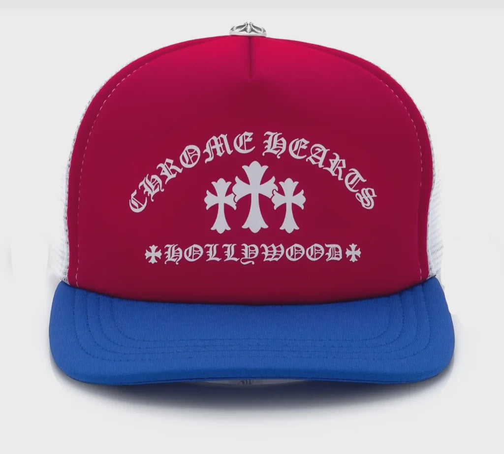 Chrome Hearts "Cemetery Cross Hollywood" Trucker Hat - Red/White/Blue