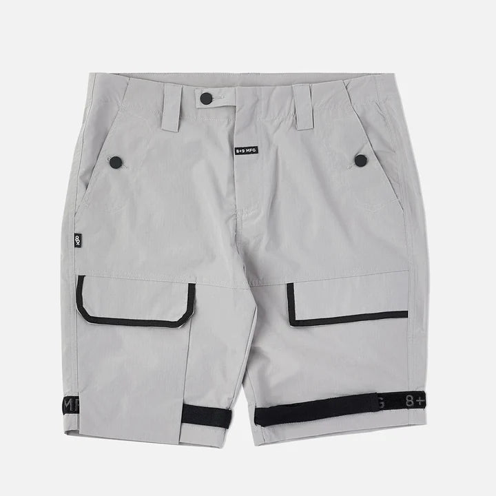 8&9 Grey Strapped Up Rip Stop Shorts (SHRIPGRY) - side view, utility pockets, comfortable fit, durable rip stop material, streetwear fashion