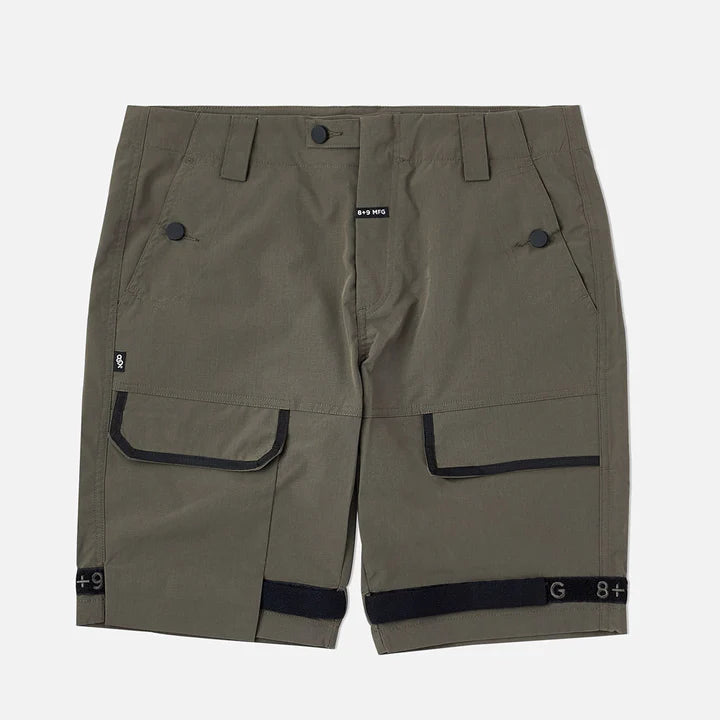 8&9 Olive Strapped Up Rip Stop Shorts (SHRIPOLI) with a modern design, comfortable fit, and multiple pockets for everyday wear