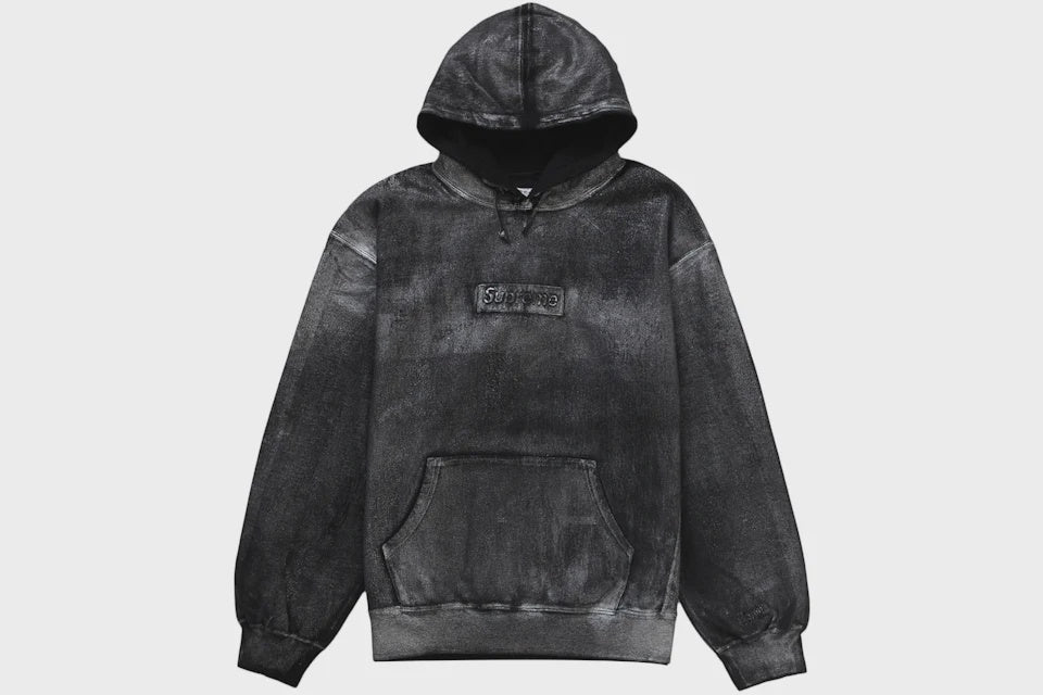 Supreme MM6 Maison Margiela Foil Box Logo Hoodie in Black SS24, front view with metallic foil design and drawstring hood