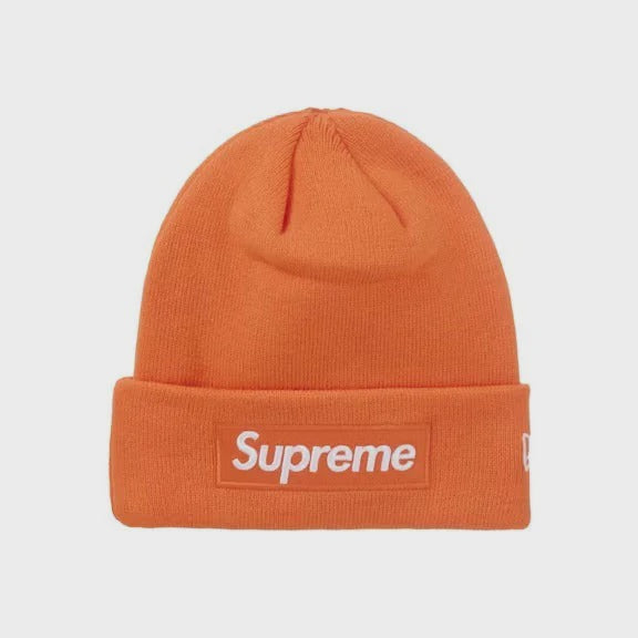 Supreme New Era Box Logo Beanie in Dark Orange from Fall/Winter 24 collection, a stylish and high-quality knit hat with the iconic Supreme logo