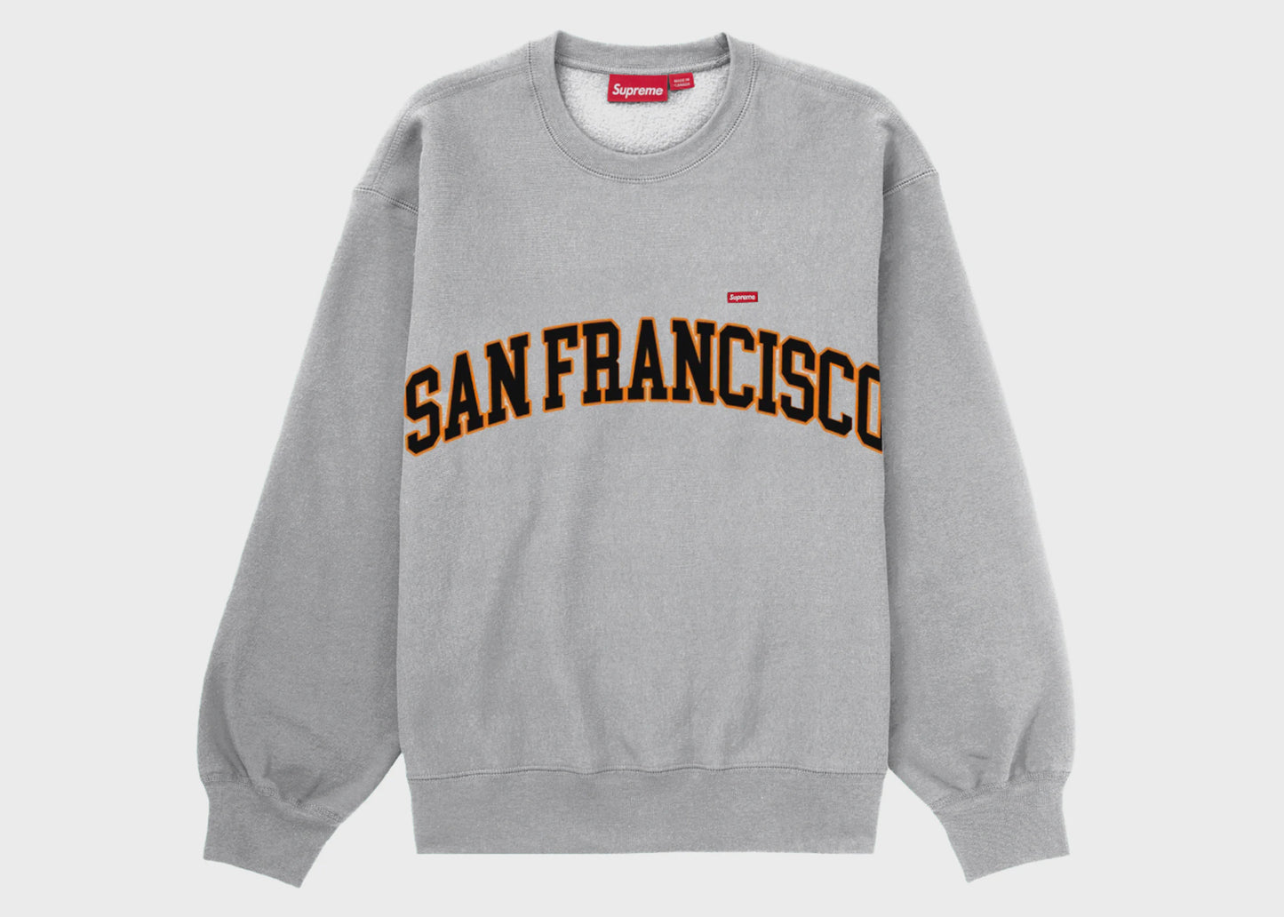 Supreme San Francisco Shop Small Box Crewneck - Heather Grey (SS24) displayed on a mannequin in a well-lit retail environment