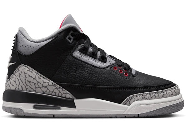 Jordan 3 Retro Black Cement 2024 GS DM0967-010, a stylish and classic sneaker for kids featuring black, white, and red color scheme