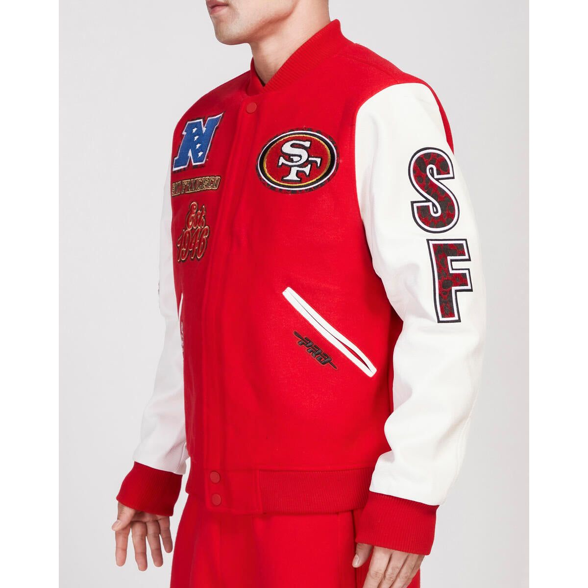Pro Standard San Francisco 49ers Animal Wool Varsity Jacket - Red/White back view with team slogan and player number