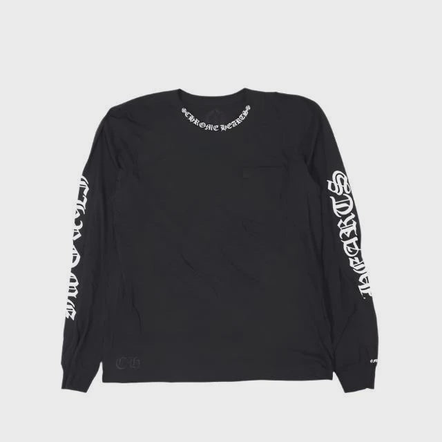 Black long-sleeve t-shirt with Chrome Hearts Script Neck Logo design