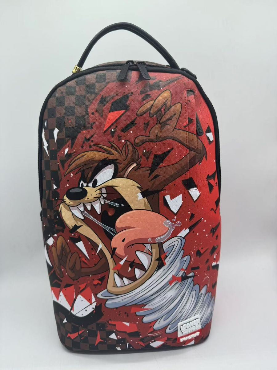 Sprayground Taz Destroy Backpack showcasing distressed PVC material and spacious design