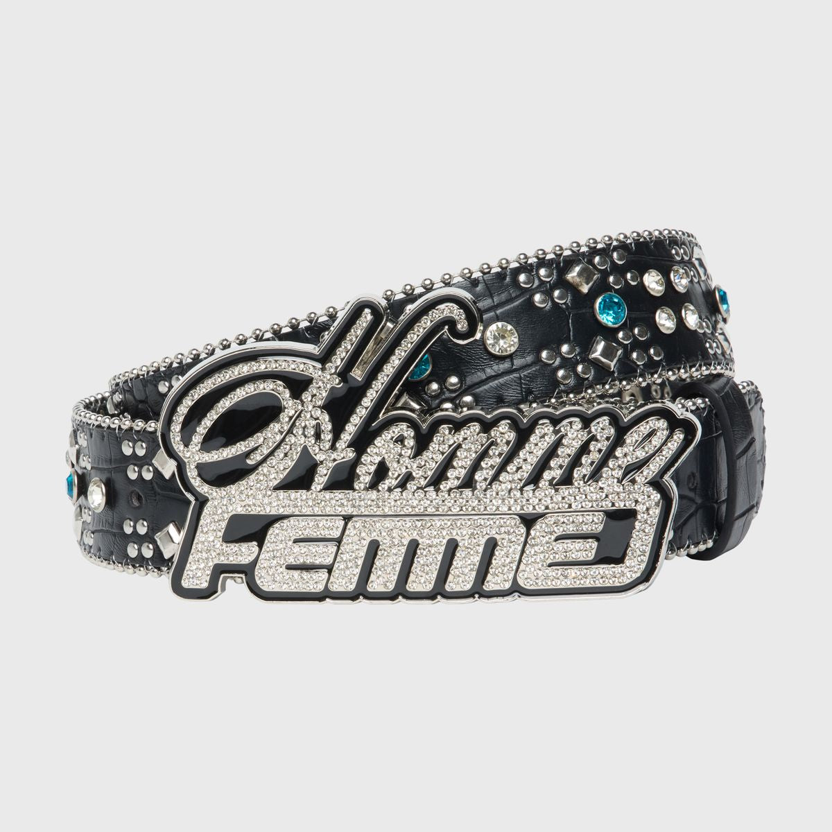 Luxurious black gator embossed belt with layered crystals and pyramid studs