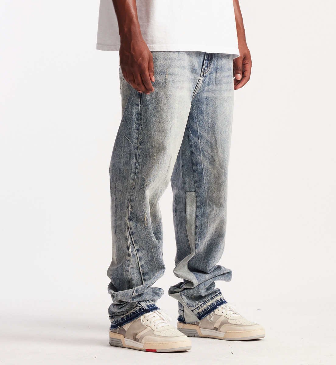 Embellish Spencer Light Bleach Denim Jeans EMBSP25-134 - Front view of light wash denim jeans with distressed details and embellishments
