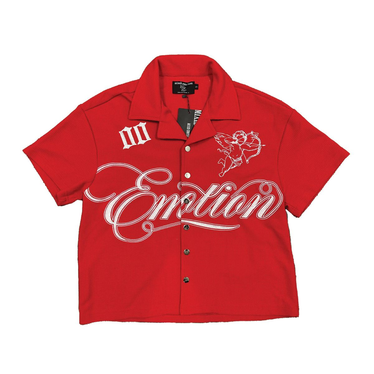 Close up of the Mixed Emotion Signature Red Button Up shirt with intricate red stitching and button details