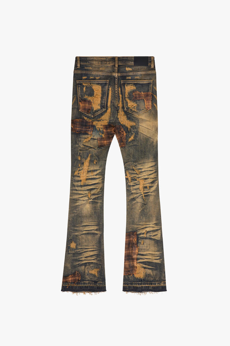 Valabasas Sigma Vintage Blue Stacked Flare Jeans with distressed detailing and frayed hem