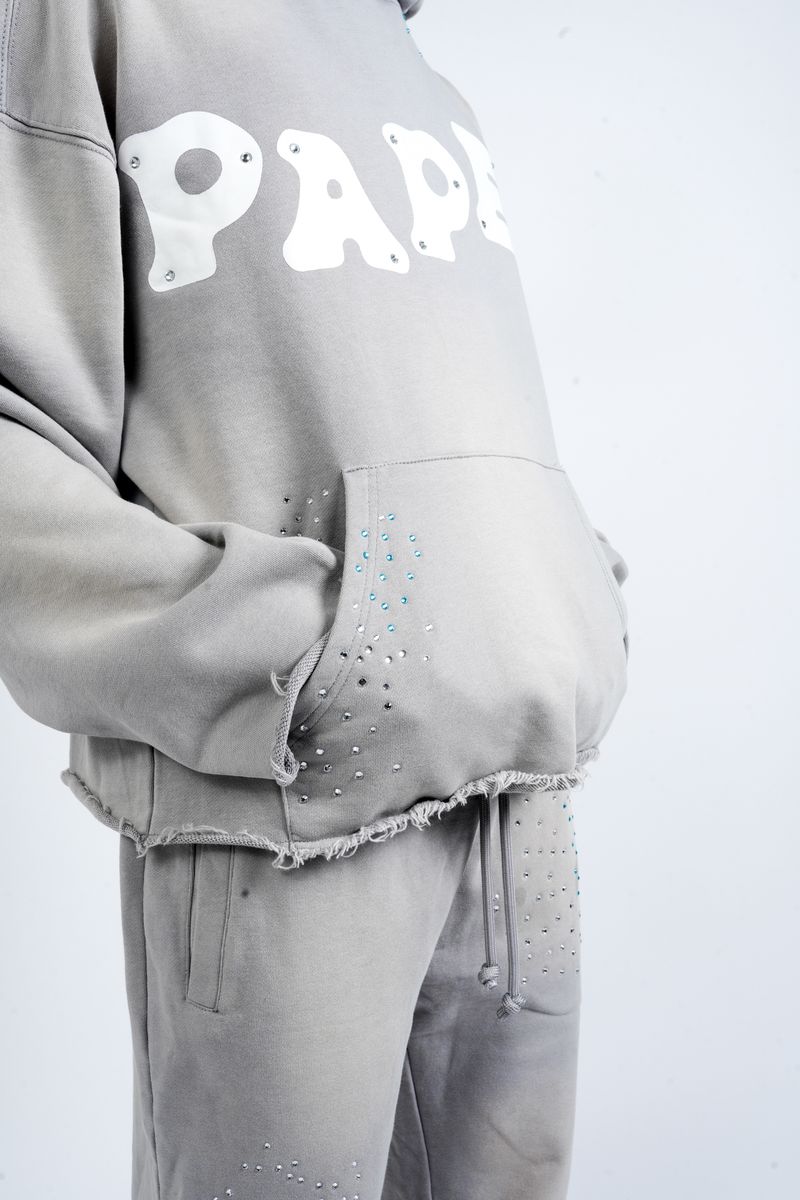 Paper Money "Paper" Rhinestone Grey Pullover Hoodie
