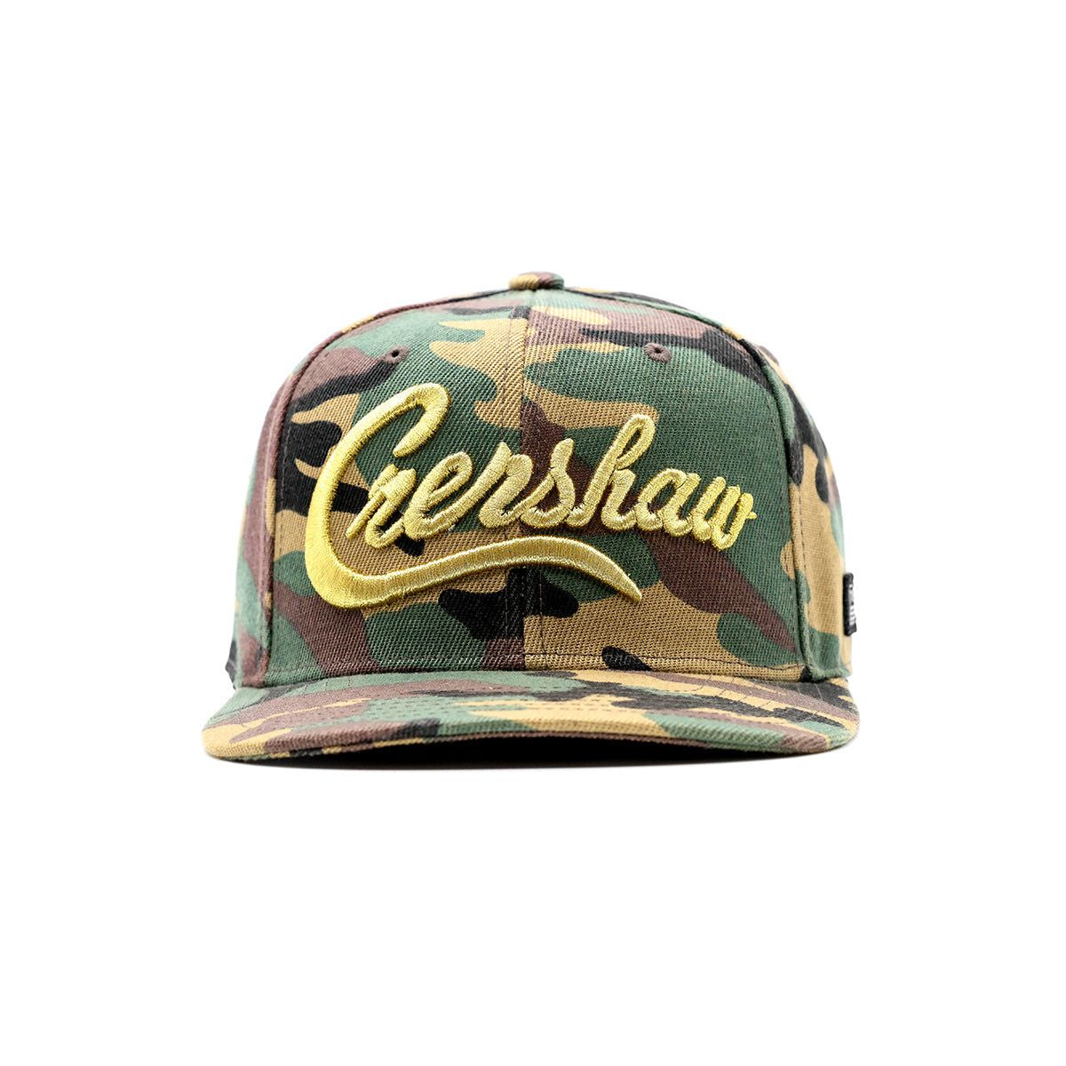Limited Edition Crenshaw Snapback in Green Camo with Gold accents showcasing embroidered logo at front