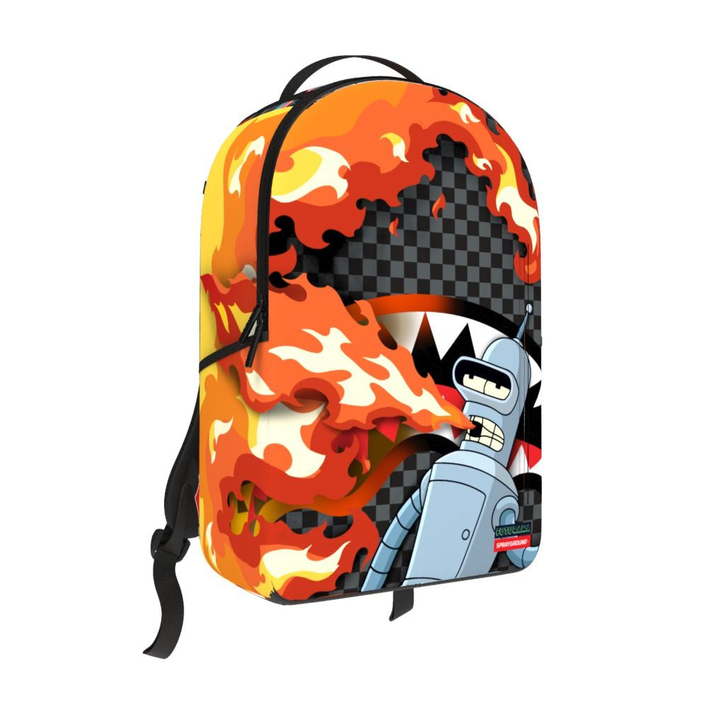 Sprayground Bender Fire Drama Backpack featuring vibrant fire-themed design and sturdy PVC material