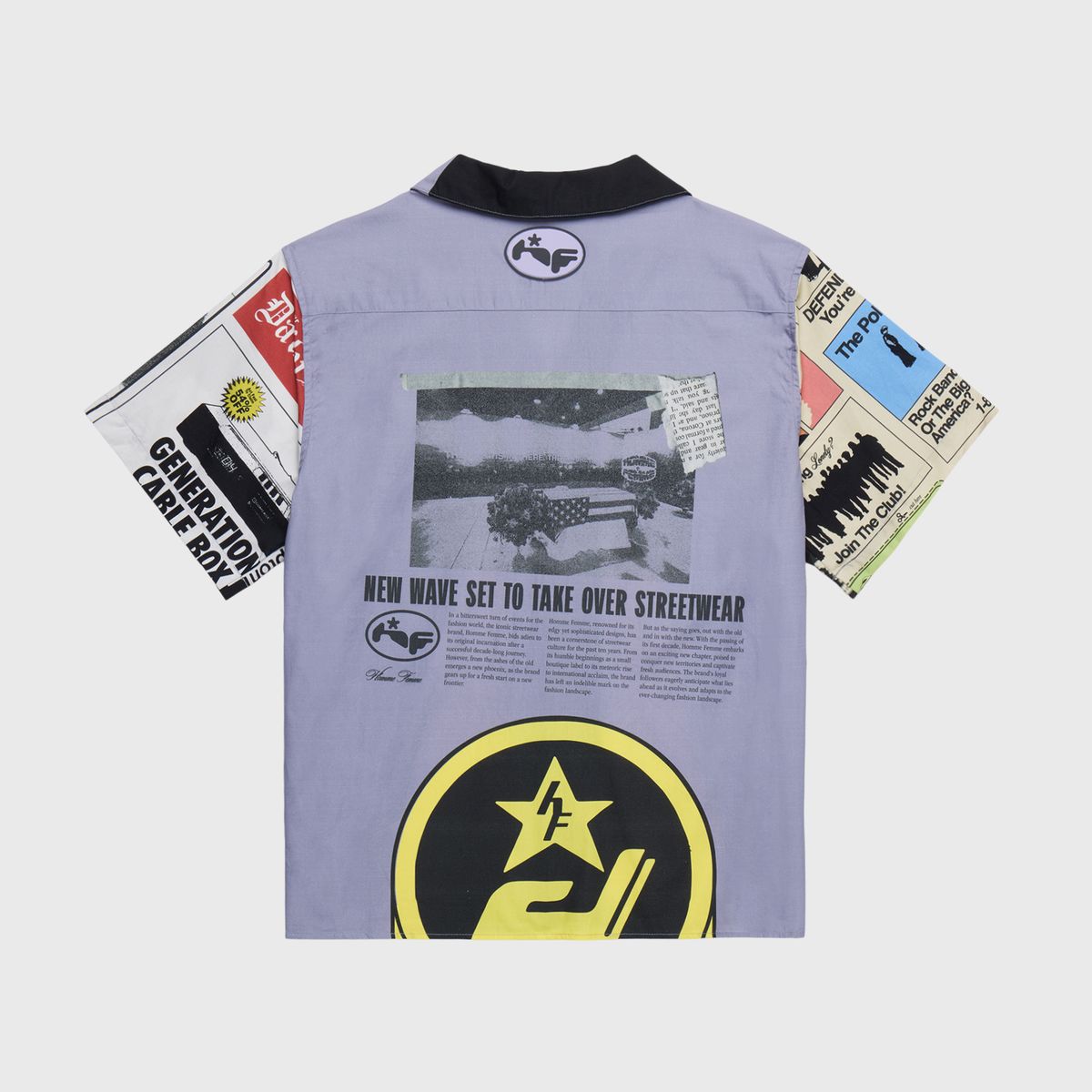Unisex Homme + Femme Ransom black and purple button-down shirt with classic contrast collar and sublimated art details