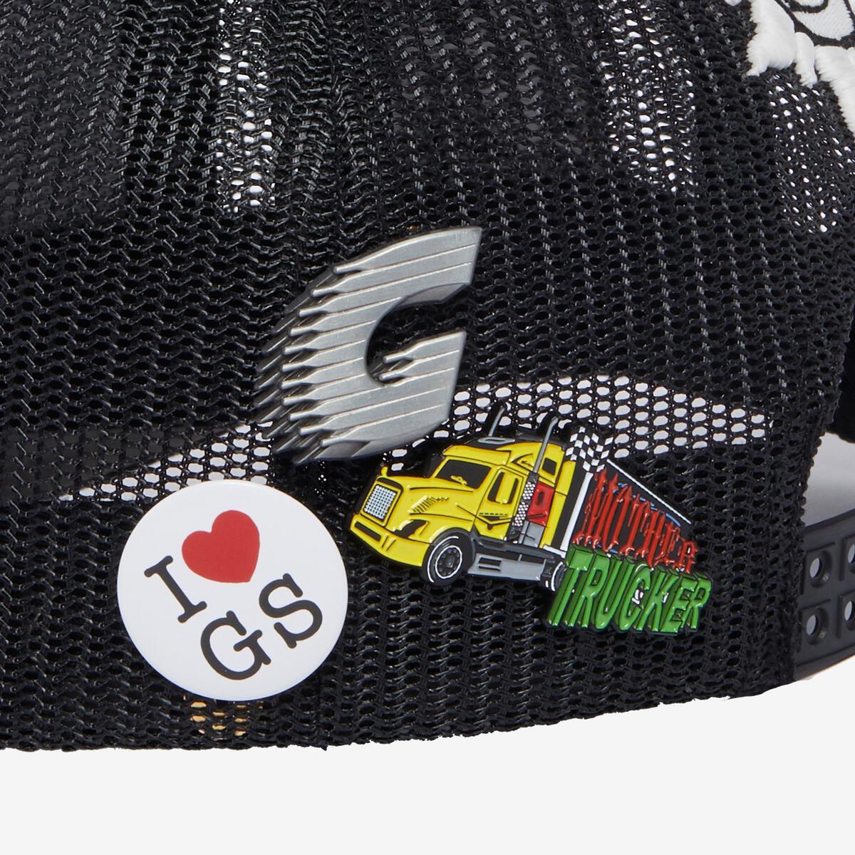 Front view of the limited edition Godspeed Forever Trucker Hat showcasing the The Mother of All Truckers design in black and white