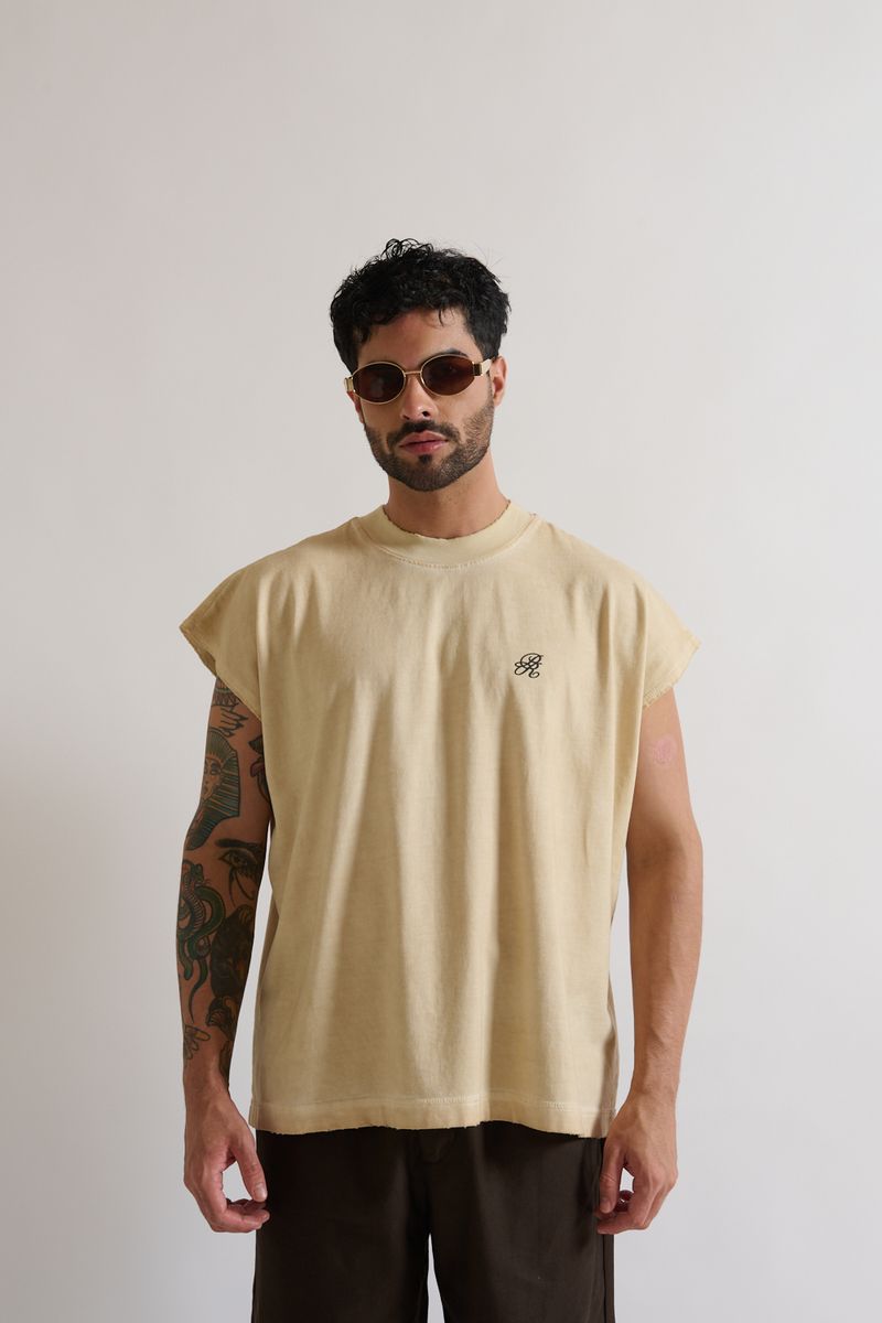 Close-up of the PURE Monclair Horses Cream Sleeveless Tee emphasizing the fabric texture and box fit design