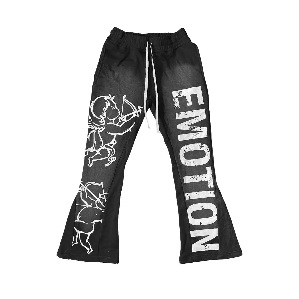 A close-up image of the Mixed Emotion Cupid Black Flare Sweatpant with a comfortable and stylish design perfect for casual wear