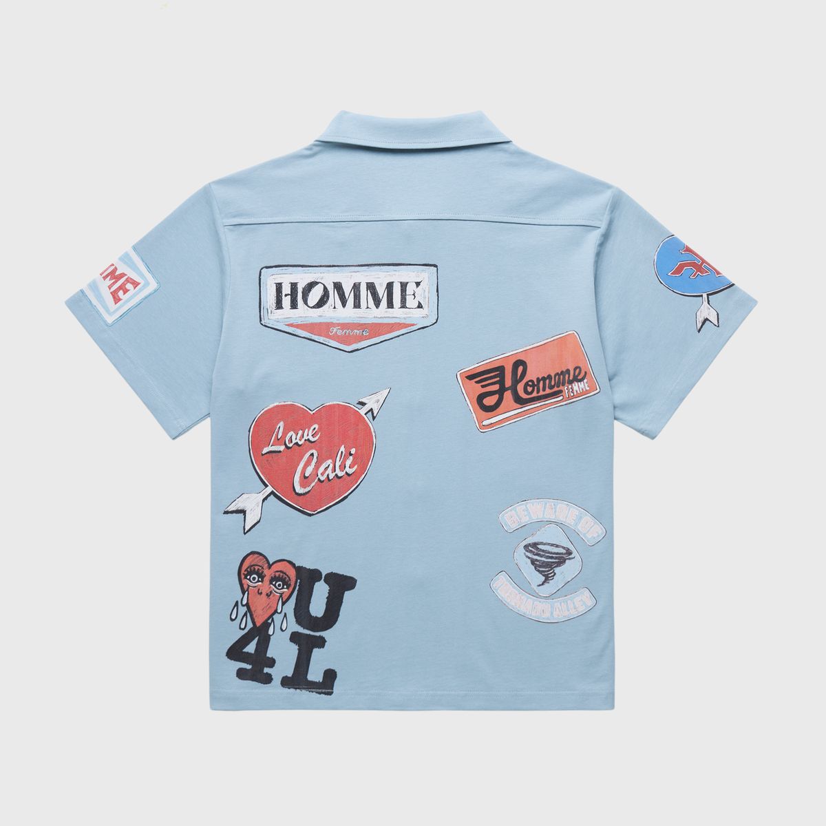 Stylish Road Trip Baby Blue Button Down shirt for men and women with sporty cut, heavy cotton material, and branded digital prints