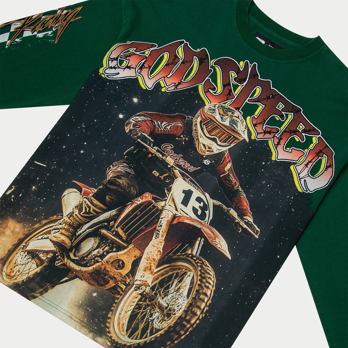Limited edition green Long Sleeve T-Shirt featuring stones around the crown and detailed artwork
