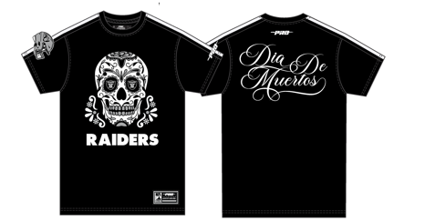 Pro Standard Las Vegas Raiders Sugar Skull Striped Tee - Black, a stylish and comfortable t-shirt featuring the iconic Raiders logo and a unique sugar skull design on a black background
