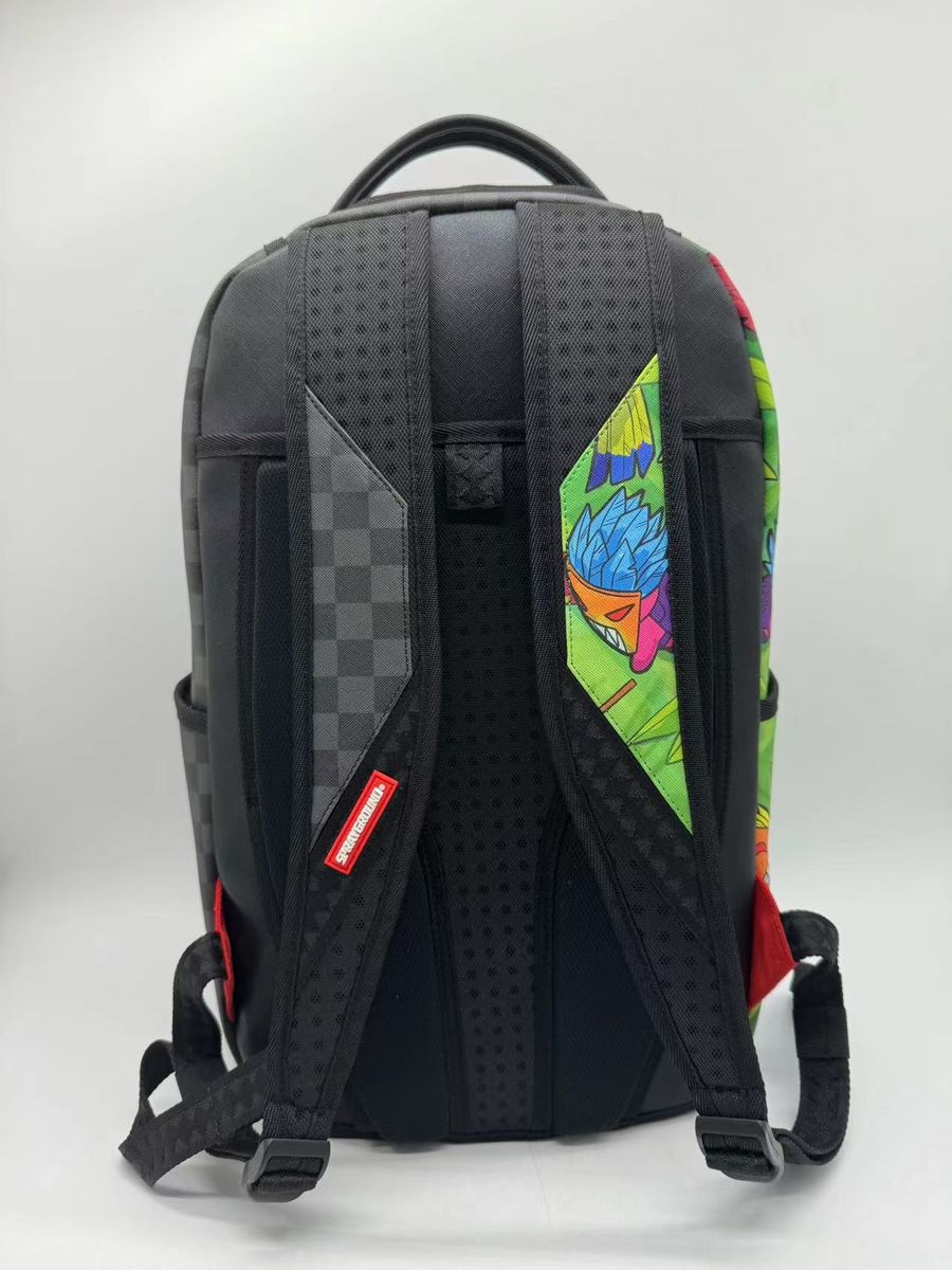 Large Sprayground Scooba Doobba Backpack in vibrant design, measuring 18 by 115 by 65 inches, made from durable 100% PVC