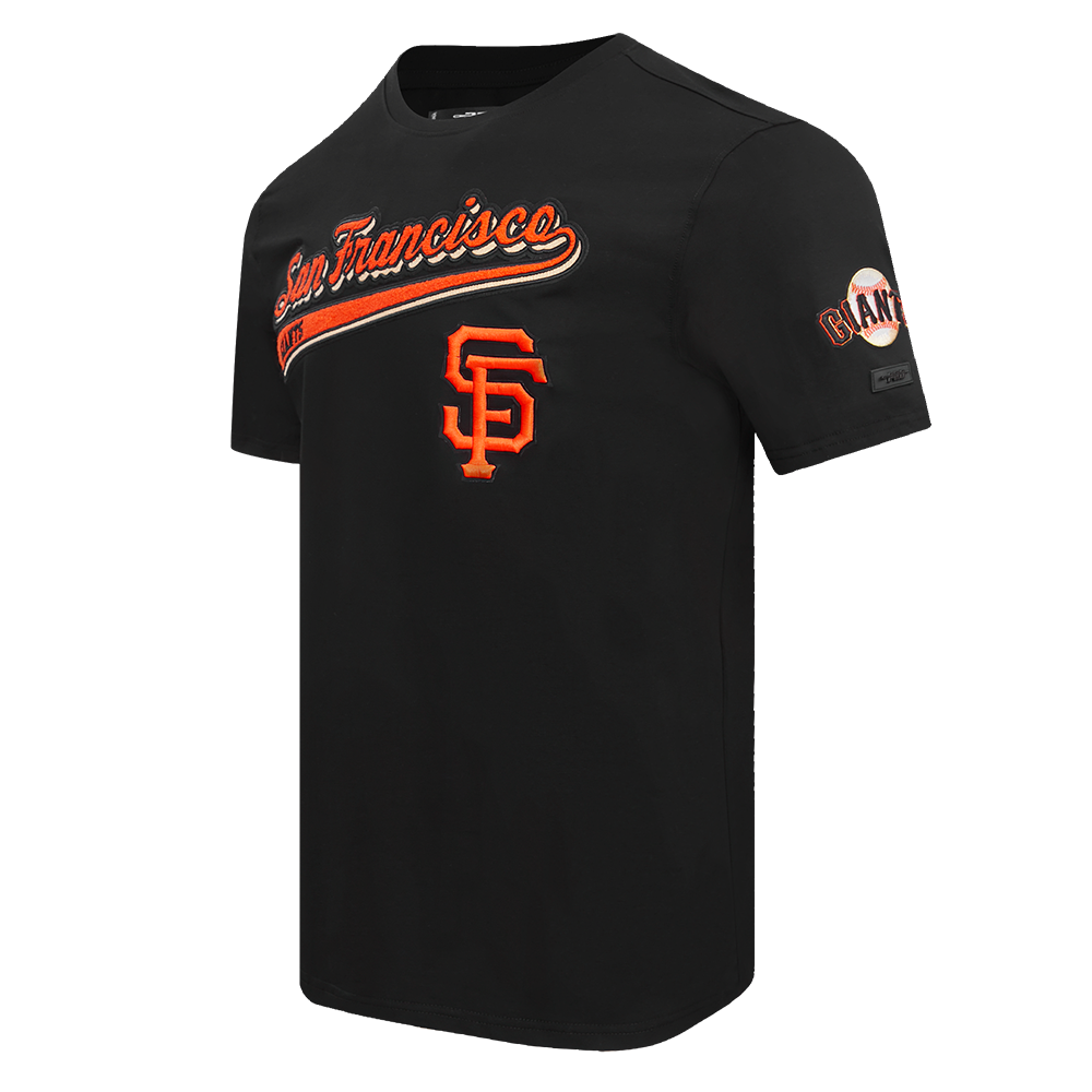 Men's black San Francisco Giants T-shirt with stylish script logo and tail detail from Pro Standard