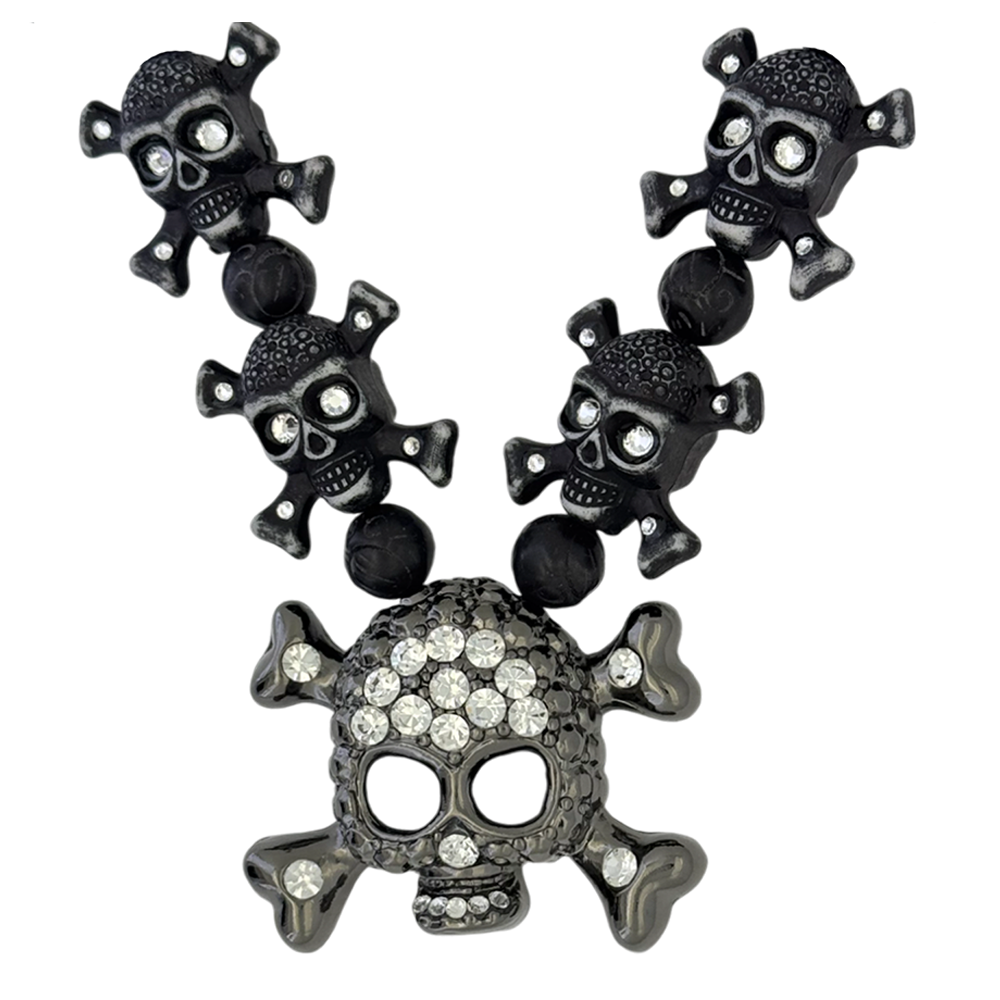 Skull and crossbones pirate necklace with black metal finish and Swarovski crystals