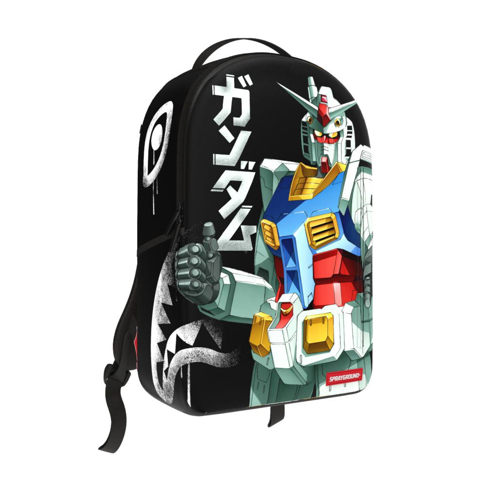 Detailed image of the Sprayground Gundam Grunge DLXR Backpack B7117 featuring 18x115x65 inches dimensions and crafted from 900D recycled polyester material