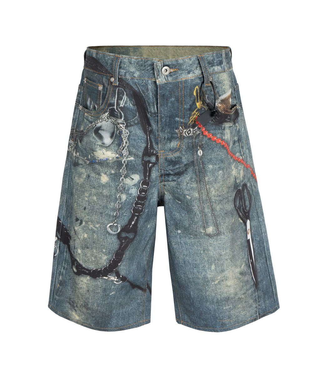 Blue denim shorts with a relaxed fit, all-over graphic print, heavyweight denim, and sand blast wash finish