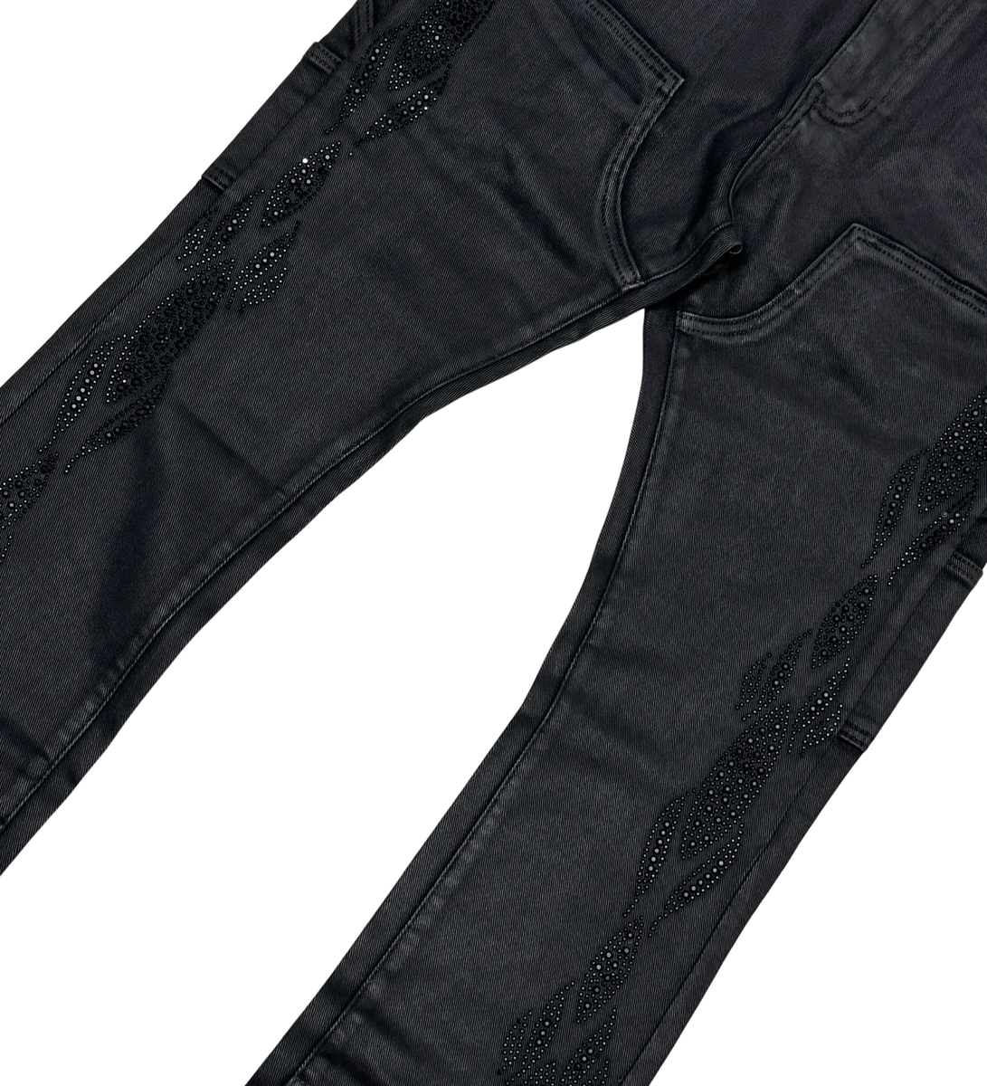 Close-up of the textured wax coating and detailed embellishments on Vicious Black Denim Jeans style VC654R