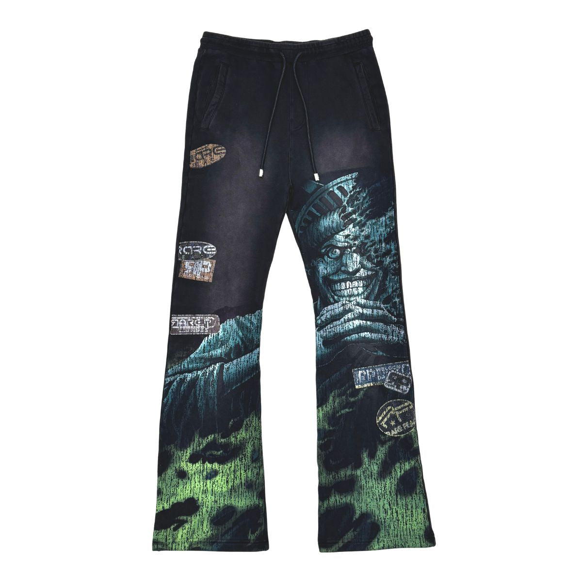Rare Peace "Statue" Rhinestone Washed Black Stacked Jogger