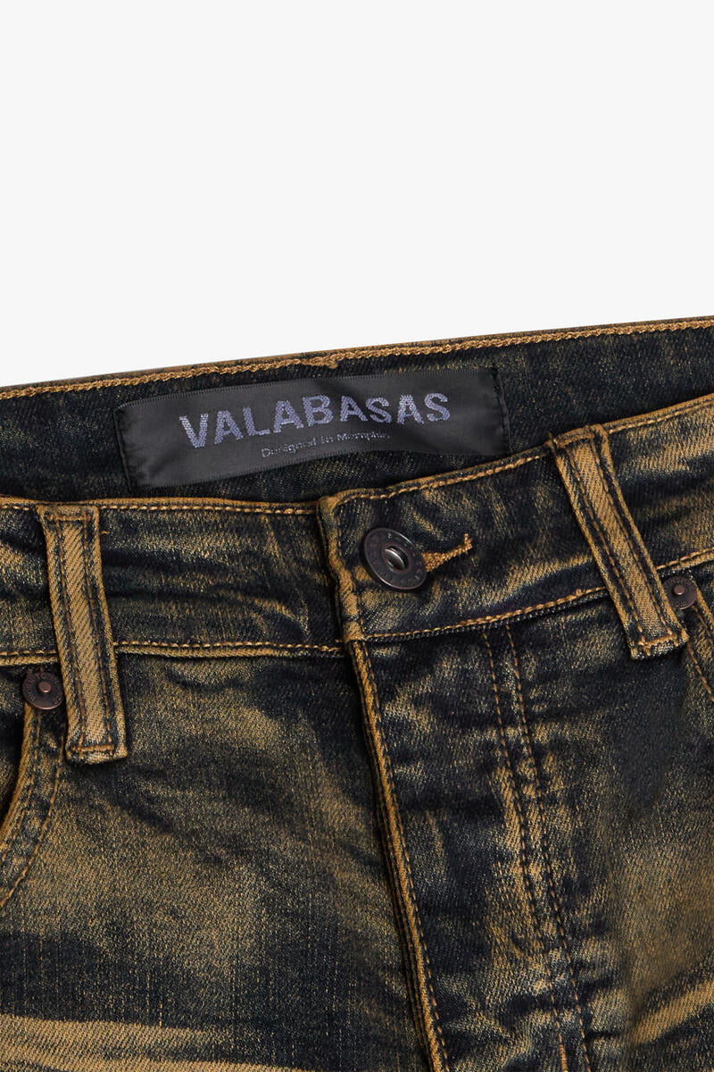 Close-up of the front pocket of Valabasas Sigma Vintage Blue Stacked Flare Jeans