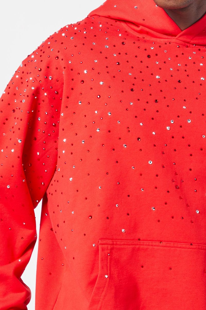 Guapi Blood Red Embellished Hoodie with intricate beadwork and hood detail