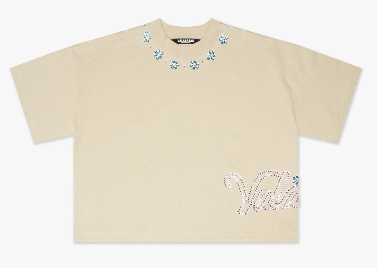 Cream-colored Valabasas Gem Tee featuring a simple yet stylish design, perfect for casual wear