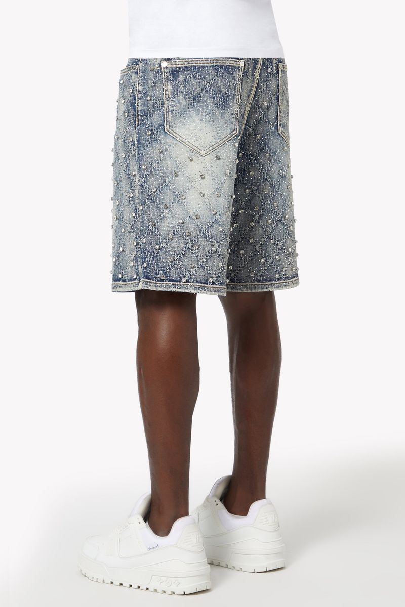 Vibrant aqua blue embellished denim shorts featuring intricate diamond-pattern rhinestone detailing