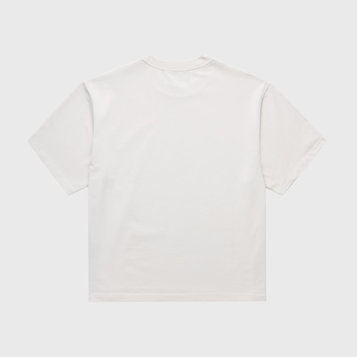 Cropped fit men's and women's white T-shirt with bold graphic art, made from durable heavy cotton fabric
